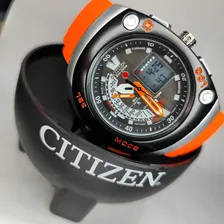 Relógio Citizen Aqualand Meia Lua Funcional Correia Laranja Bisel Preto Fundo Preto Foto mini 4