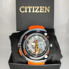 Relógio Citizen Aqualand Meia Lua Funcional Correia Laranja Bisel Preto Fundo Preto Foto mini  3