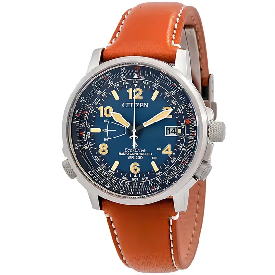 Relógio Citizen Masculino Promaster Eco-drive Radio-controll Correia Marrom Bisel Prateado Fundo Azul Foto 1