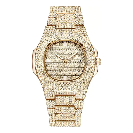 Rel贸gio Cravejado Masculino Feminino Dourado Hip Hop Lvpai Foto 1