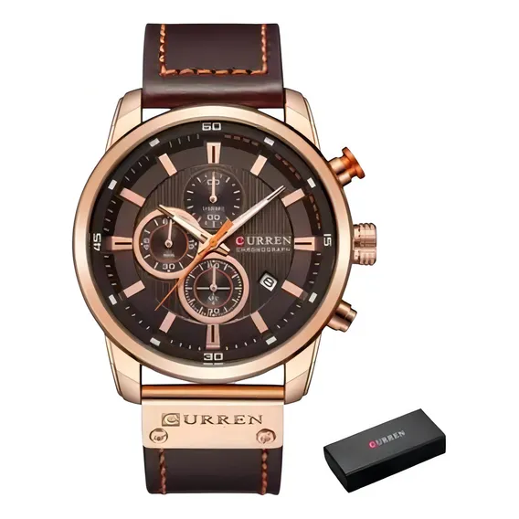 Rel贸gio Curren 8291 Funcional Couro Cron贸grafo + Caixa Foto 1