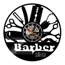 Relógio D Parede, Barber Shop, Disco Vinil, Barba,salão Estrutura Preto Fundo Preto Foto  mini 1
