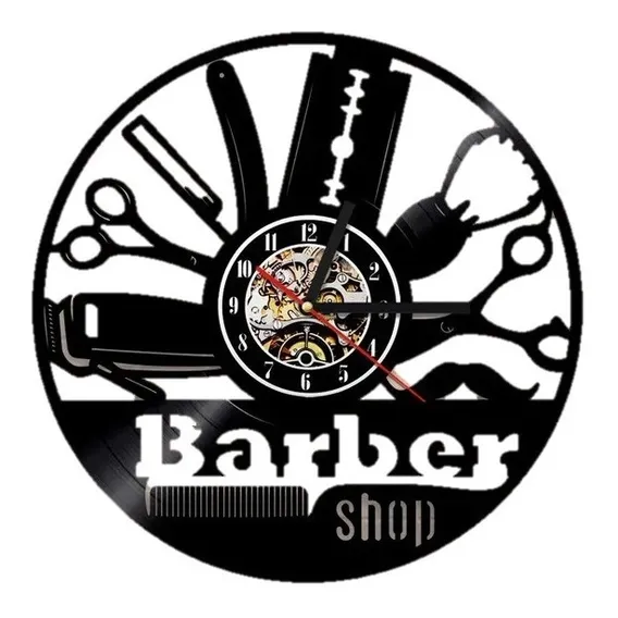 Relógio D Parede, Barber Shop, Disco Vinil, Barba,salão Estrutura Preto Fundo Preto Foto 1