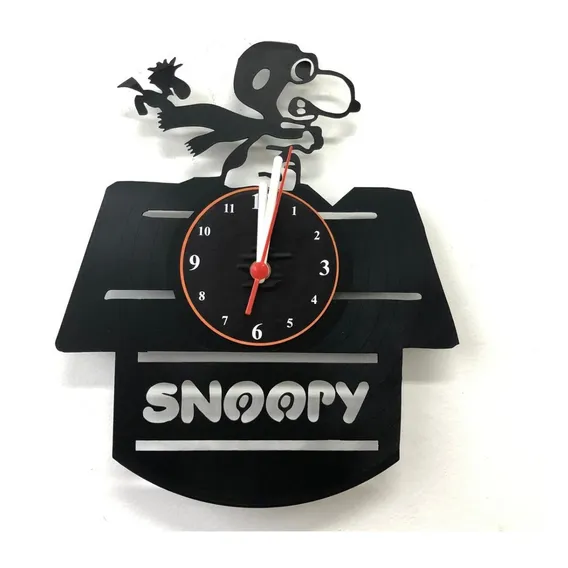 Rel贸gio De Parede, Snoopy, Cachorro, , Disco Vinil Estrutura Preto Fundo Preto Foto 1