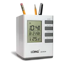 Relógio Digital Temperatura Porta Caneta Calendário Cor Prateado Foto mini  2