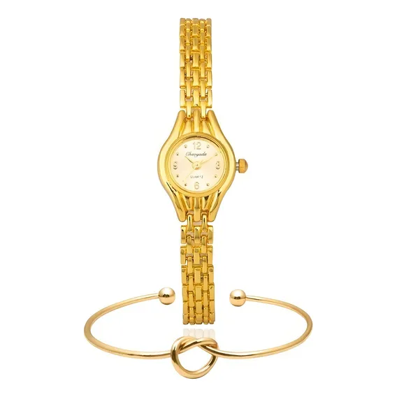 Relógio Dourado Feminino De Pulso Quartz Mini + Bracelete Foto 1