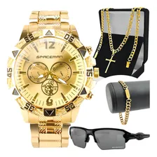 Relogio Dourado Masculino + Cordão + Pulseira Aço Inoxidável Foto mini 1