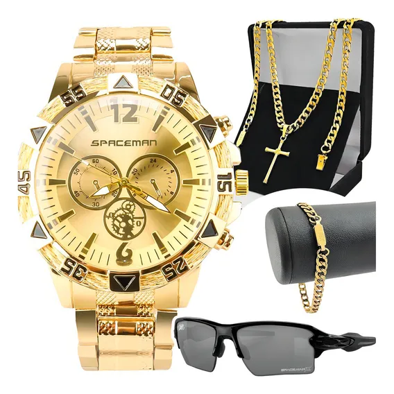 Relogio Dourado Masculino + Cordão + Pulseira Aço Inoxidável Foto 1
