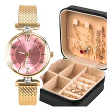 Relogio Feminino Banhado Aço + Colar + Relogio Dourado Foto mini 1