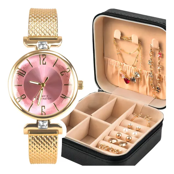 Relogio Feminino Banhado Aço + Colar + Relogio Dourado Foto 1