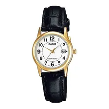 Rel贸gio Feminino Casio Collection Anal贸gico Couro Ou A莽o Correia Preto Bisel Dourado Fundo Branco Foto mini 1