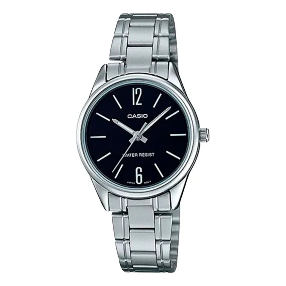 Rel贸gio Feminino Casio Pequeno Prata Com Fundo Preto Ltp-v005d-1budf Foto 1