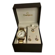 Rel贸gio Feminino Champion Dourado Kit Colar Brincos Cn25252w Foto mini 1