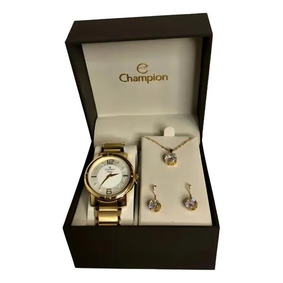 Rel贸gio Feminino Champion Dourado Kit Colar Brincos Cn25252w Foto 1