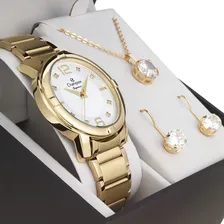 Rel贸gio Feminino Champion Dourado Kit Colar Brincos Cn25252w Foto mini 3