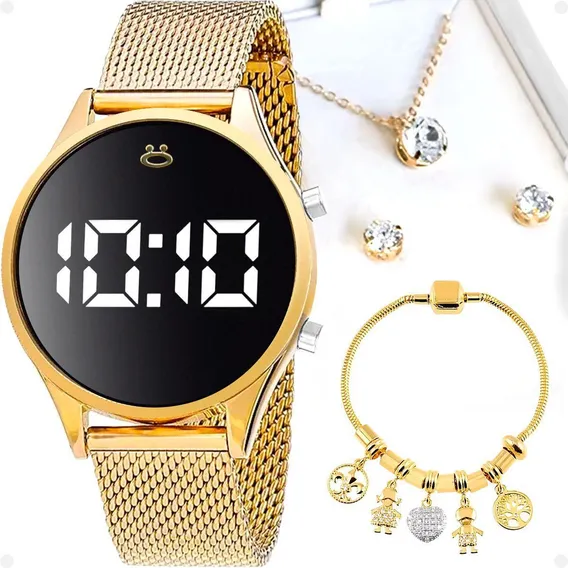 Relogio Feminino Digital Dourado + Pulseira + Colar + Brinco Foto 1