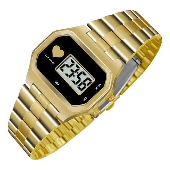 Relogio Feminino Digital Quadrado Dourado Lince Foto 1