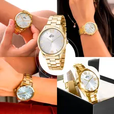 Relogio Feminino Dourado Aço + Caixa + Pulseira + Colar Foto mini  2