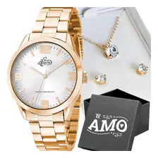 Relogio Feminino Dourado Aço + Caixa + Pulseira + Colar Foto  mini 1