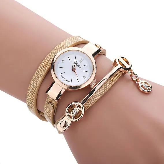 Relogio Feminino Dourado Pulseira De Couro Bracelete Strass Foto 1