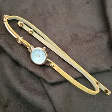 Relogio Feminino Dourado Pulseira De Couro Bracelete Strass Foto mini 4