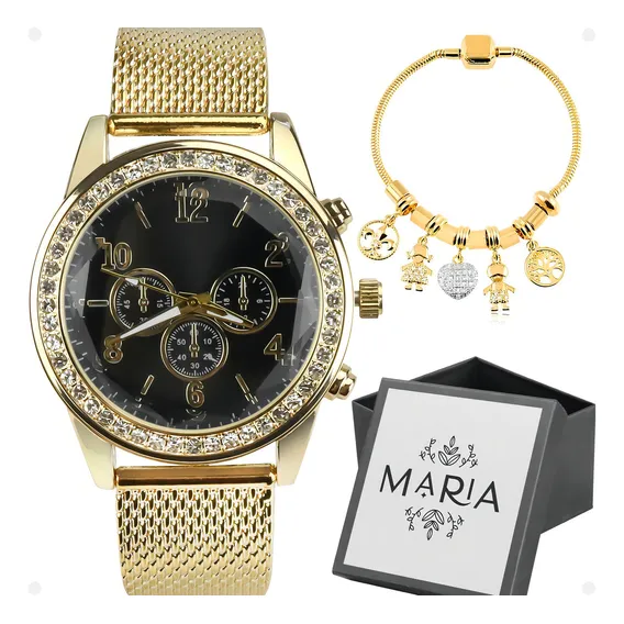 Relogio Feminino Prova Dagua Dourado + Pulseira + Ouro Moda Foto 1
