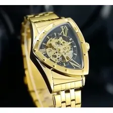 Relógio Forsining Triângulo Automático Dourado 18k Esqueleto Fundo Preto Foto mini 4