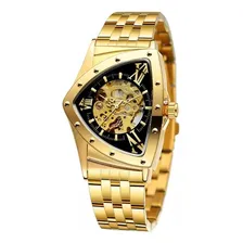 Relógio Forsining Triângulo Automático Dourado 18k Esqueleto Fundo Preto Foto mini 2