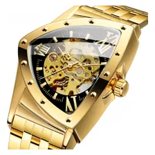 Relógio Forsining Triângulo Automático Dourado 18k Esqueleto Fundo Preto Foto mini 1