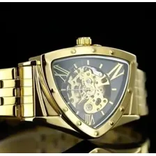Relógio Forsining Triângulo Automático Dourado 18k Esqueleto Fundo Preto Foto mini 3