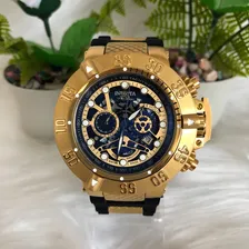Rel贸gio Invicta Skeleton Noma lll Skull Dourado Azul a prova d谩gua Foto mini 2