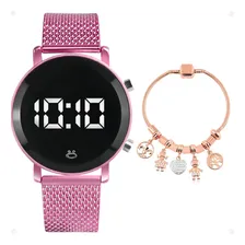 Relogio Led Rosa Feminino Digital Aço Silicone + Pulseira Foto mini 1