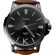 Rel贸gio Luxo Korps 1319 Diamante Negro Pulseira Couro Marrom Foto mini 1