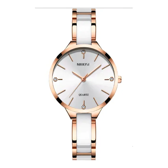 Rel贸gio Luxuoso Nibosi Feminino Branco Cor da correia Dourado Cor do bisel Dourado Foto 1