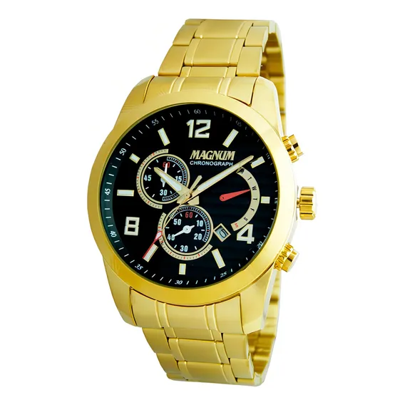 Rel贸gio Magnum Masculino Ma35208u Correia Dourado Bisel Dourado Fundo Preto Foto 1