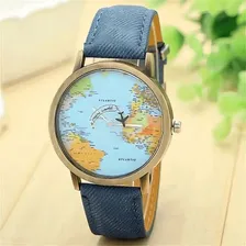 Rel贸gio Mapa Mundo Viajante Avi茫o Presente Oportunidade Cor da correia Azul Cor do bisel Dourado Cor do fundo Azul Foto mini 1