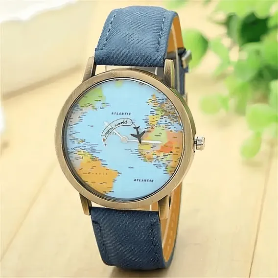 Rel贸gio Mapa Mundo Viajante Avi茫o Presente Oportunidade Cor da correia Azul Cor do bisel Dourado Cor do fundo Azul Foto 1