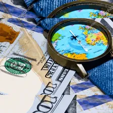 Rel贸gio Mapa Mundo Viajante Avi茫o Presente Oportunidade Cor da correia Azul Cor do bisel Dourado Cor do fundo Azul Foto mini 3