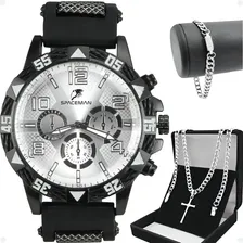 Relogio Masculino Aço Inox + Cordão Crucifixo + Pulseira Foto mini 1