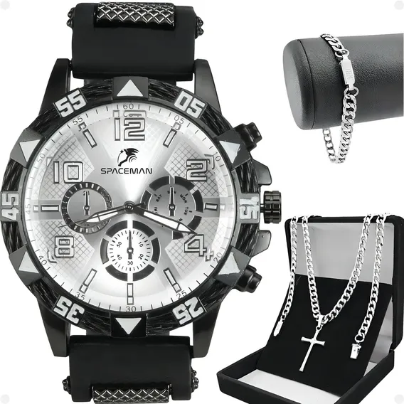 Relogio Masculino Aço Inox + Cordão Crucifixo + Pulseira Foto 1