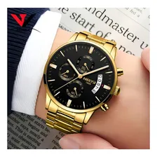 Rel贸gio Masculino Blindado Nibosi Vidro Safira Dourado Preto Foto mini 3