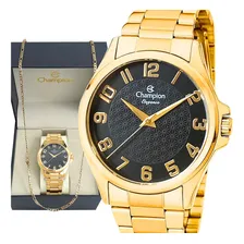 Rel贸gio Masculino Champion Dourado Anal贸gico Luxo Com Corrente Top Fundo Preto Foto mini 1
