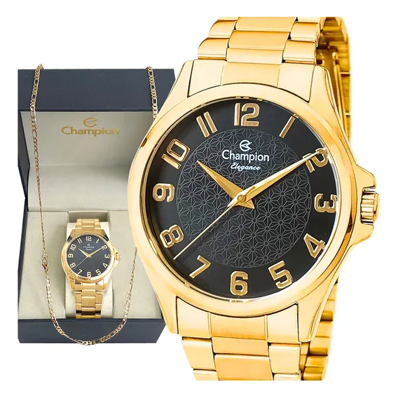 Rel贸gio Masculino Champion Dourado Anal贸gico Luxo Com Corrente Top Fundo Preto Foto 1