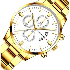 Rel贸gio Masculino Dourado A莽o Inox Dourado Branco Foto mini 2