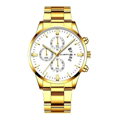 Rel贸gio Masculino Dourado A莽o Inox Dourado Branco Foto 1