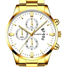Rel贸gio Masculino Dourado A莽o Inox Dourado Branco Foto mini 3