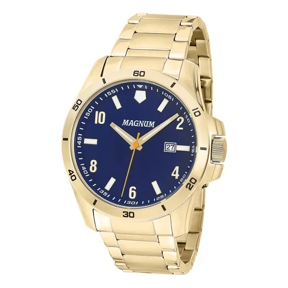 Rel贸gio Masculino Magnum Dourado Azul Ma33095a Original Foto 1