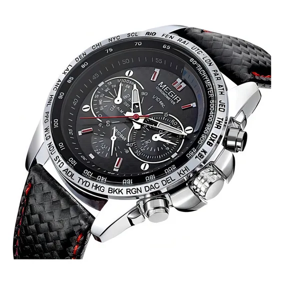 Rel贸gio Masculino Megir Men Quartz Preto Pulseira De Couro Foto 1