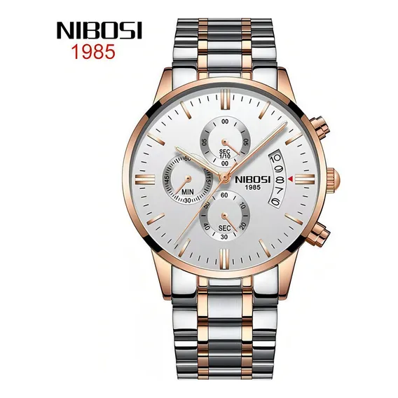 Relógio Masculino Nibosi 1985 Prata Dourado Branco Foto 1