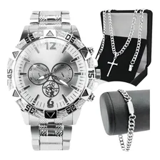 Relogio Masculino Prova Dagua Aço + Pulseira + Cordão Cruz Foto mini 1